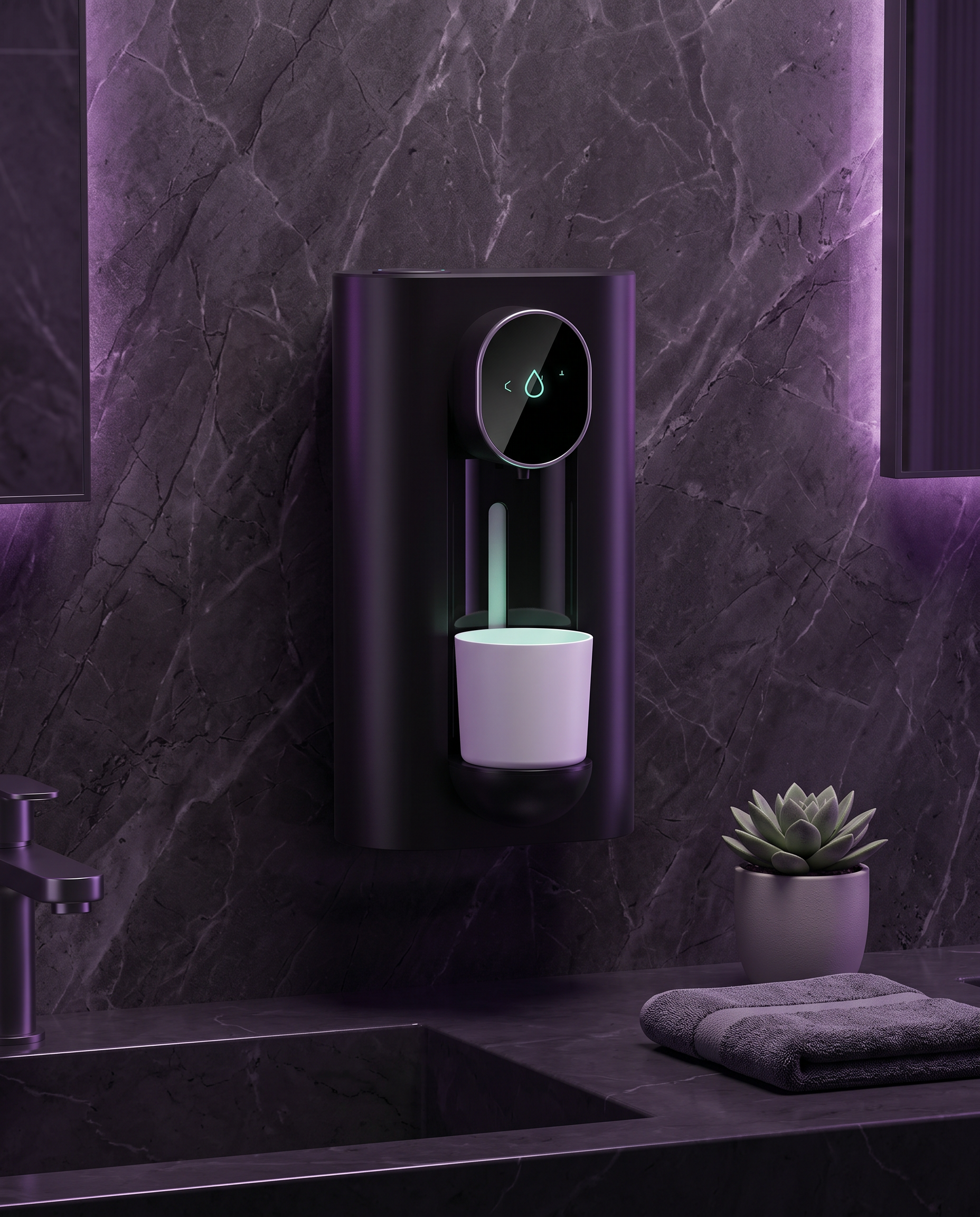 Black mouthwash dispenser mounted on a bathroom wall